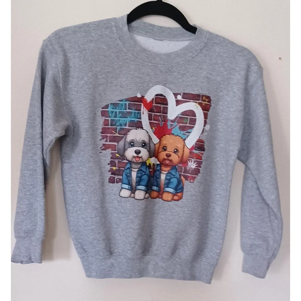 Kids Puppy Sweatshirt Gray Crewneck Dogs Graphic‎ Street Art Size 12 Playful Fun
